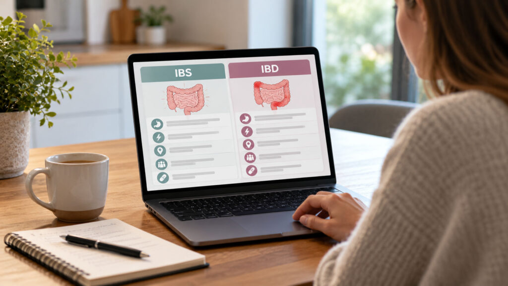 Woman viewing a side-by-side comparison of IBS and IBD on a laptop, showing illustrations of the digestive system.