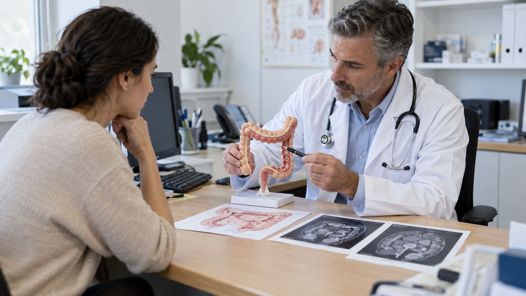 Doctor using an anatomical model of the intestines to explain digestive conditions, including IBS and IBD, to a patient.
