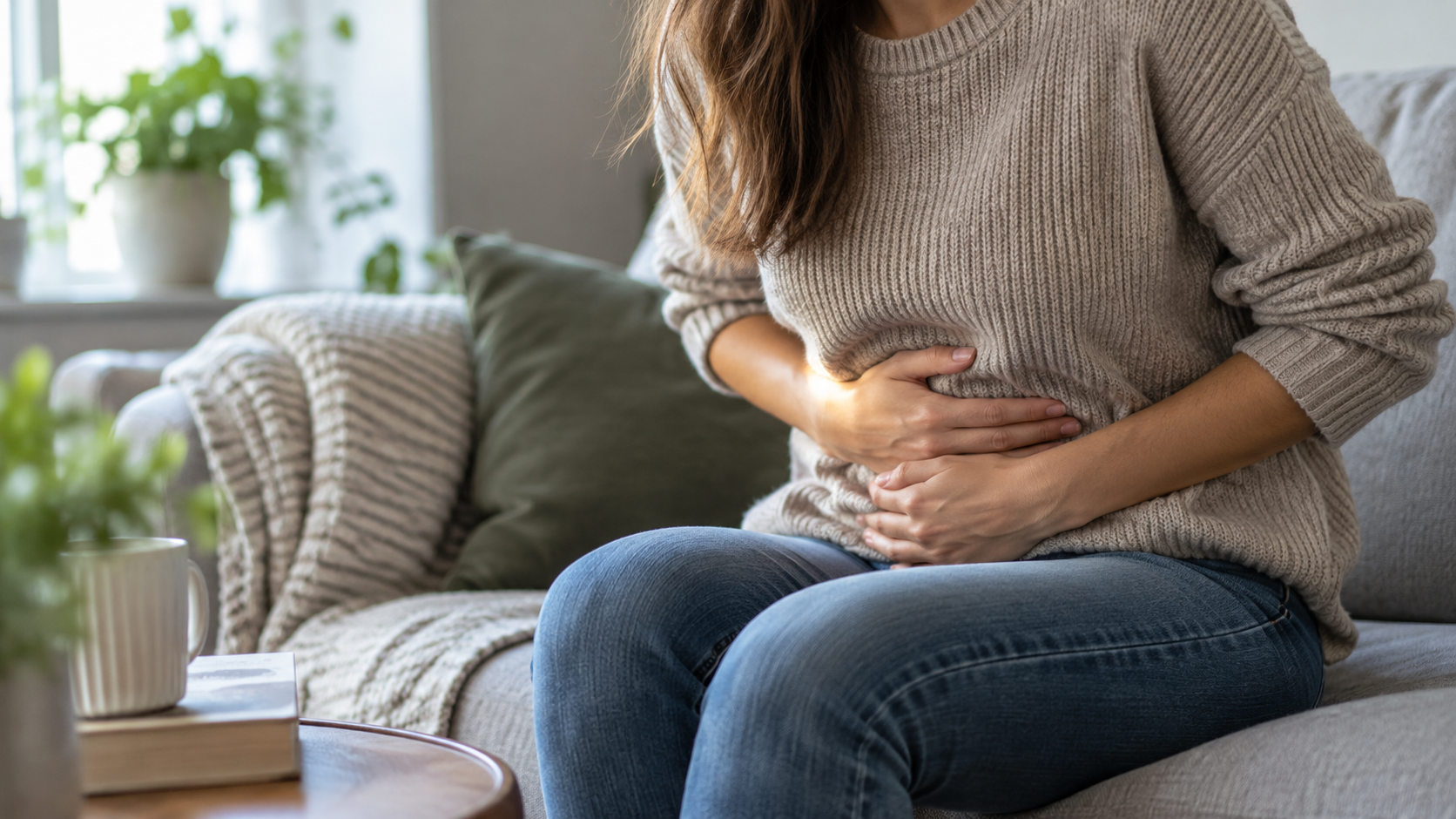 Woman sitting on a sofa holding her stomach and experiencing abdominal discomfort associated with irritable bowel syndrome (IBS).