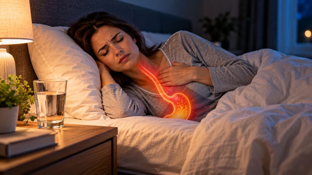 Woman lying in bed holding her chest, with a medical illustration showing stomach acid travelling up the oesophagus.