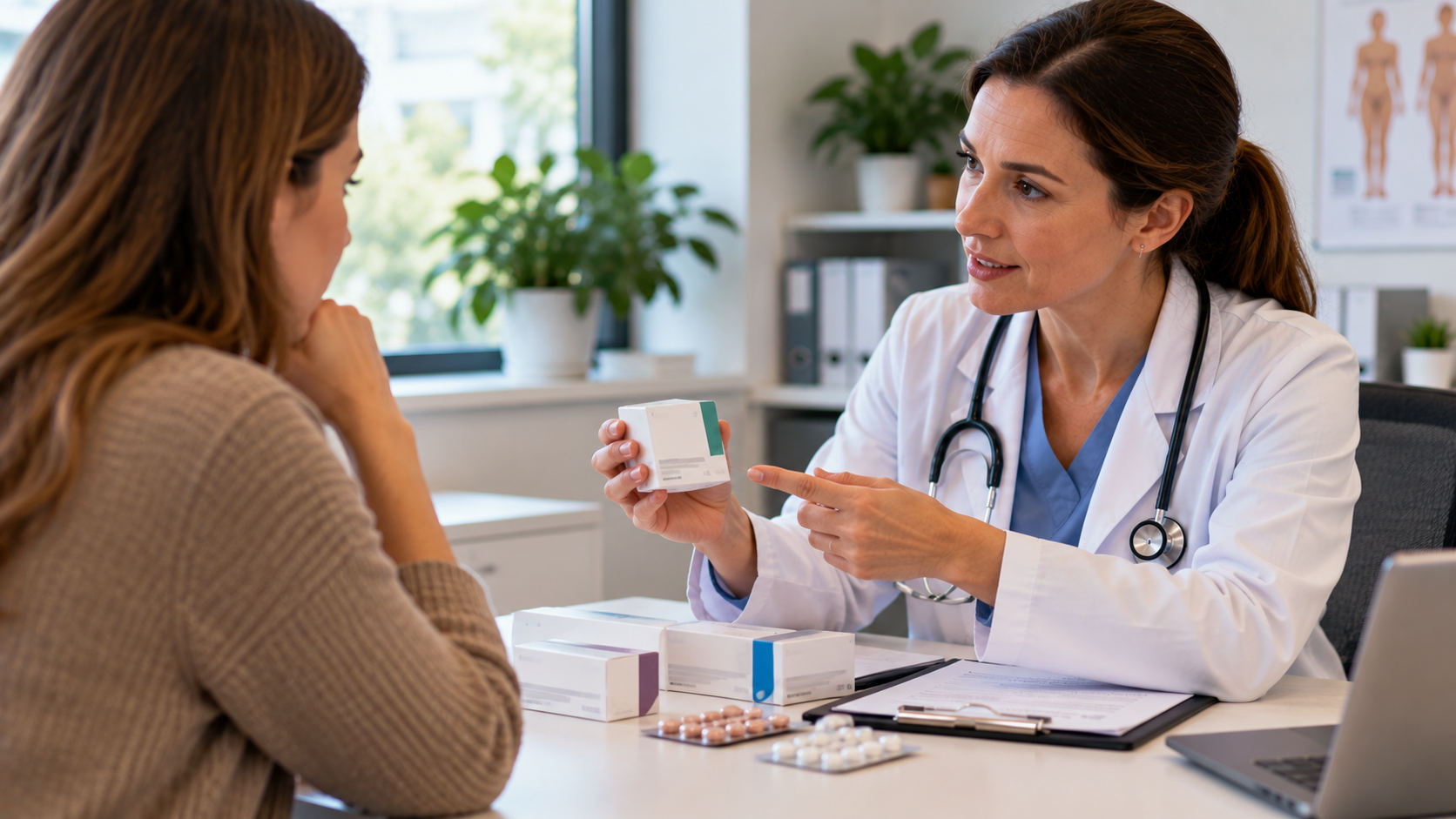 Doctor discussing oral prescription weight-management medicines with a patient during a medical consultation.