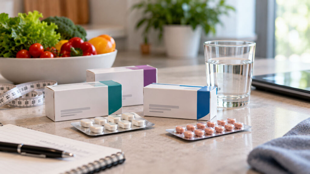 Prescription medication boxes and blister packs of tablets beside a glass of water, healthy vegetables and measuring tape.