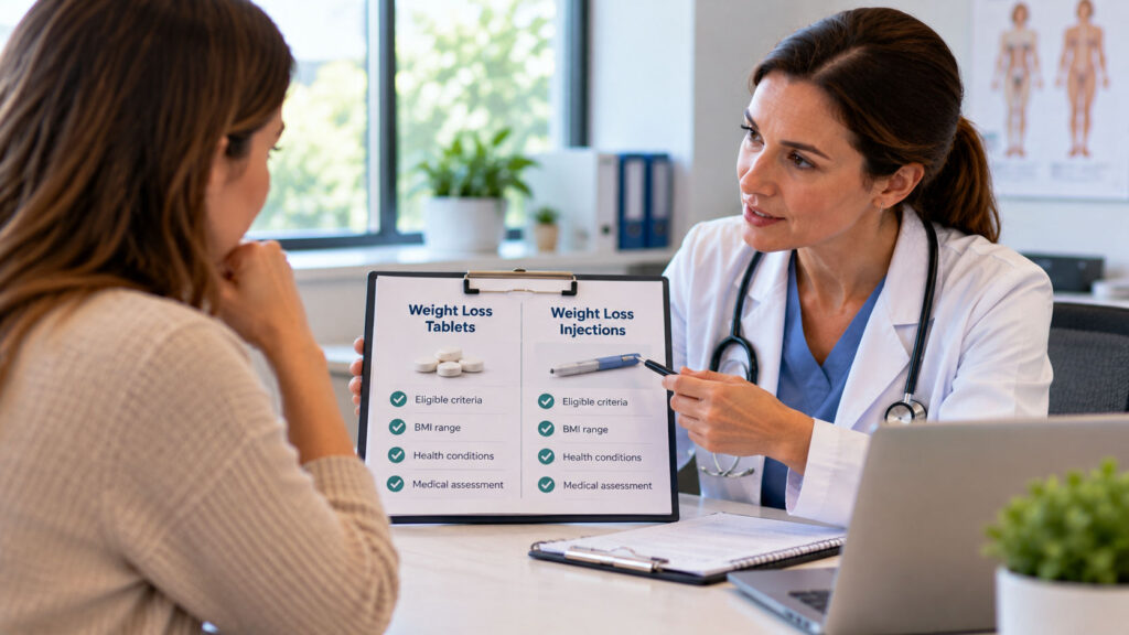 Doctor discussing eligibility criteria for weight loss tablets and injections with a patient during a medical consultation.