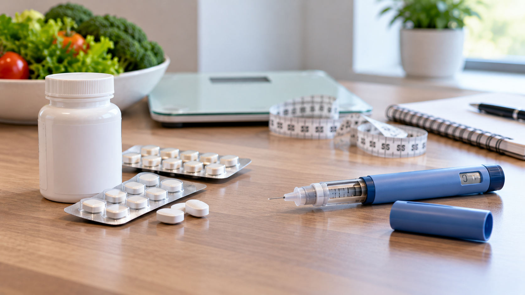 Weight loss tablets in blister packs beside a prescription injection pen, measuring tape and weighing scales.