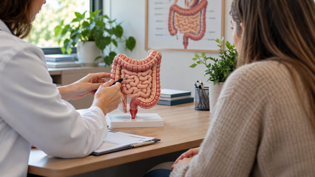 Doctor using an anatomical model of the intestines to explain irritable bowel syndrome to a patient during a consultation.